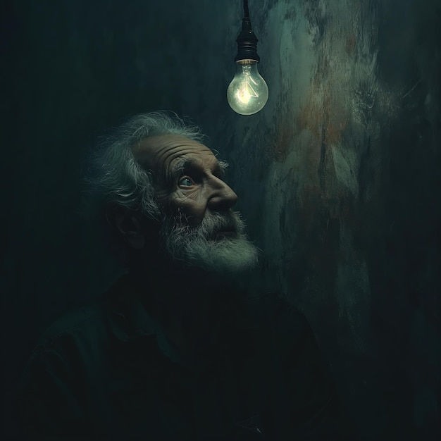 An old man face next to light bulb