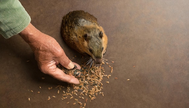 old man feeds seeds to rodent with tenderness love and trust