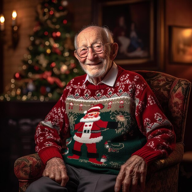 暖かいリビングルームに座っている赤と白のクリスマスのセーターを着た年配の男性