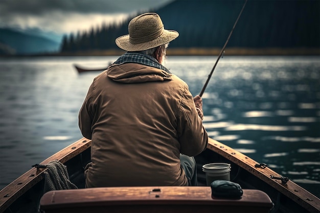 An old man fishing on boat in lake