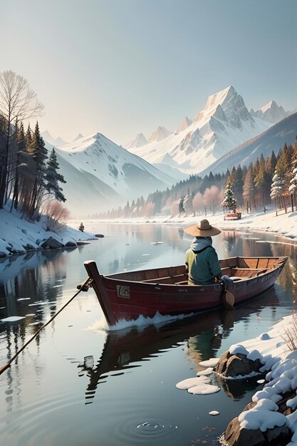 Old man fishing in a boat with houses trees forests and snow capped mountains by the river
