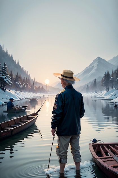 Old man fishing in a boat with houses trees forests and snow capped mountains by the river