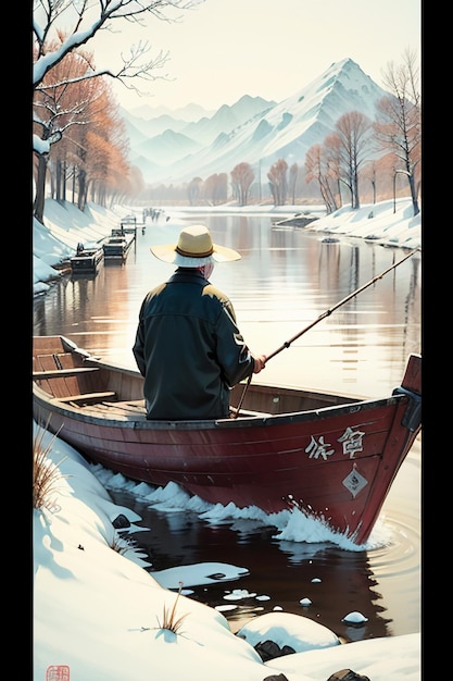 Photo old man fishing in a boat with houses trees forests and snow capped mountains by the river