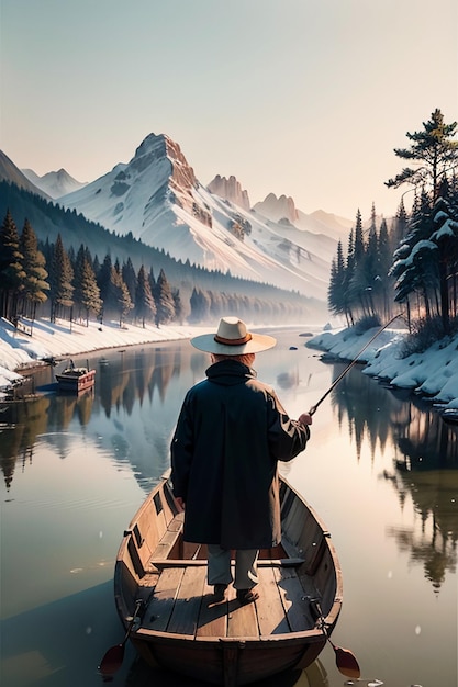 Old man fishing in a boat with houses trees forests and snow capped mountains by the river