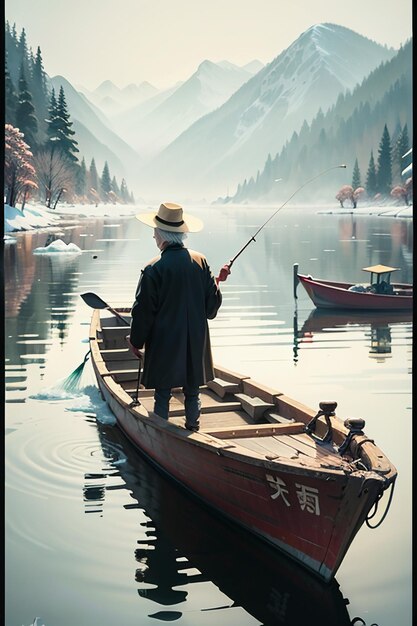 Old man fishing in a boat with houses trees forests and snow capped mountains by the river