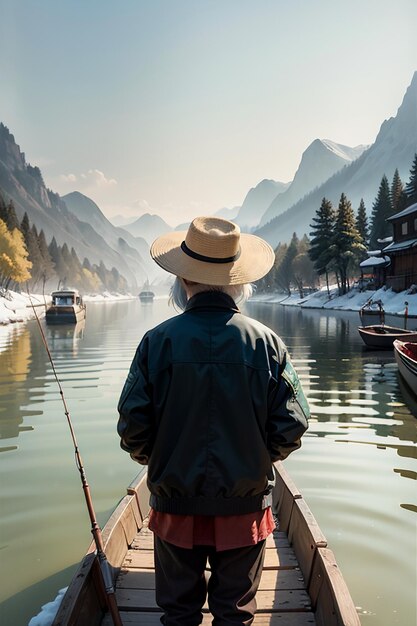 Old man fishing in a boat with houses trees forests and snow capped mountains by the river