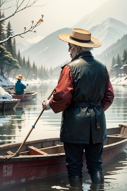 家木森雪に覆われた川のそばの山でボートで釣りをしている老人