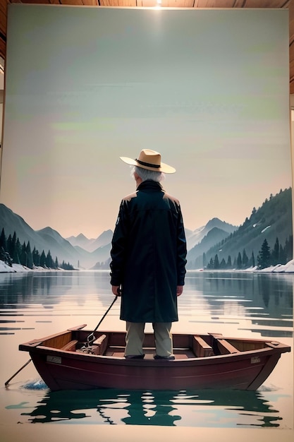 Old man fishing in a boat with houses trees forests and snow capped mountains by the river