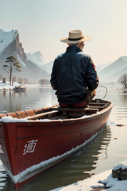 Old man fishing in a boat with houses trees forests and snow capped mountains by the river