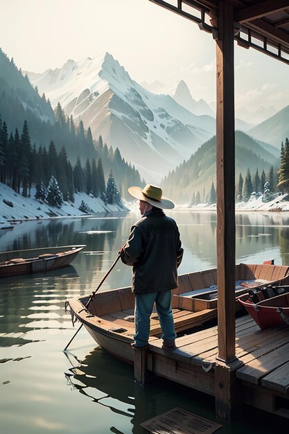 Old man fishing in a boat with houses trees forests and snow capped mountains by the river