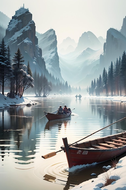 Old man fishing in a boat with houses trees forests and snow capped mountains by the river