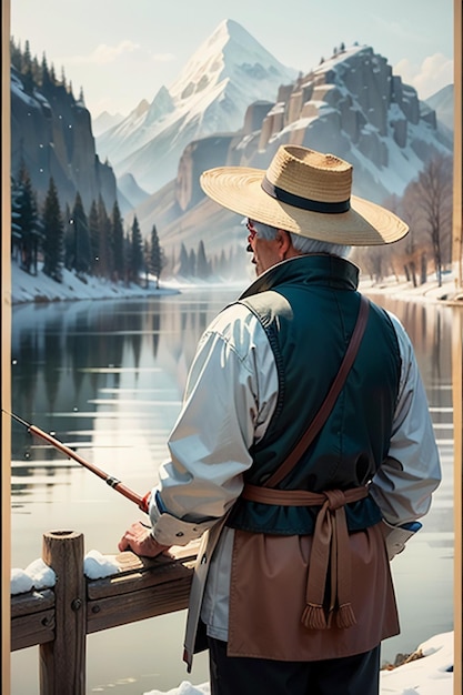 Photo old man fishing in a boat with houses trees forests and snow capped mountains by the river