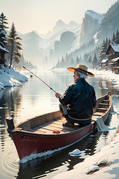 Old man fishing in a boat with houses trees forests and snow capped mountains by the river