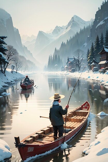 Old man fishing in a boat with houses trees forests and snow capped mountains by the river