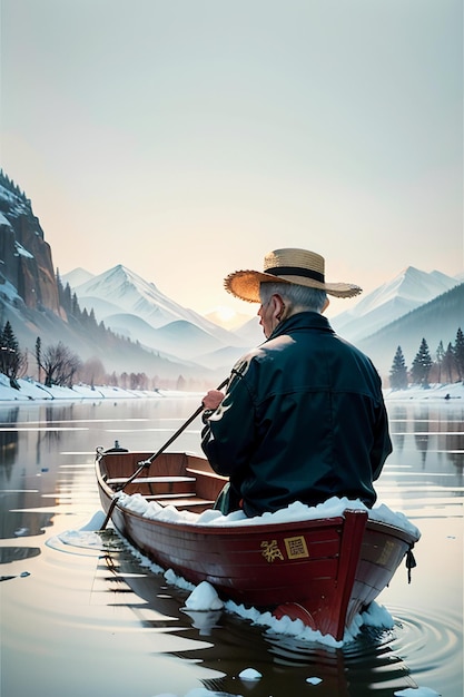 Старик ловит рыбу в лодке с домами, деревьями, лесами и снежными горами у реки.