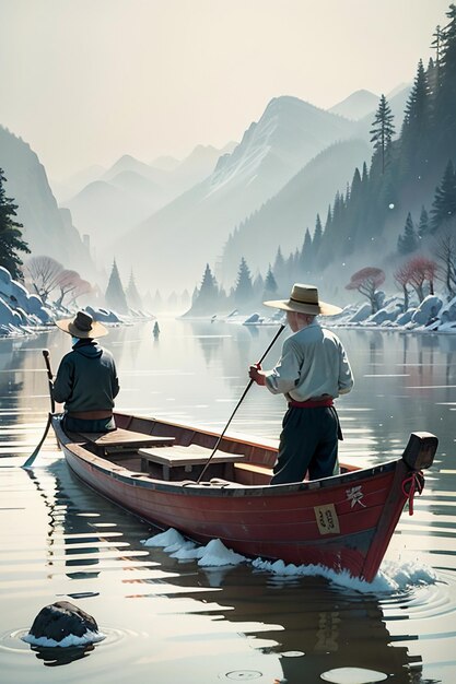 Old man fishing in a boat with houses trees forests and snow capped mountains by the river