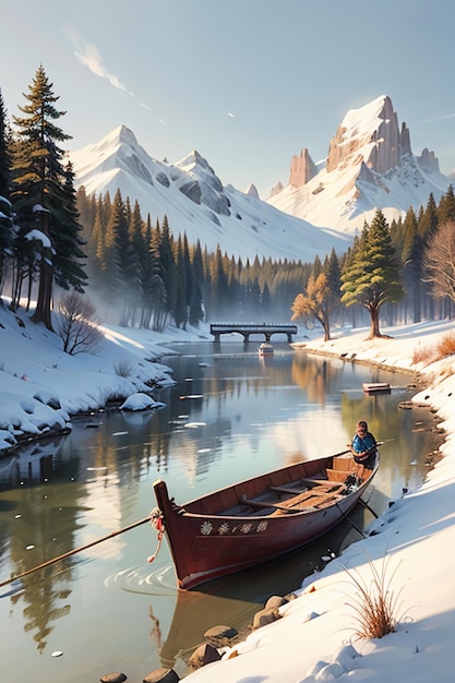 Старик ловит рыбу в лодке с домами, деревьями, лесами и снежными горами у реки.