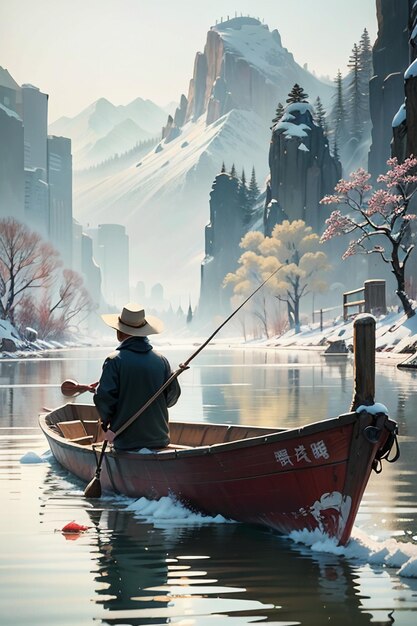 Old man fishing in a boat with houses trees forests and snow capped mountains by the river