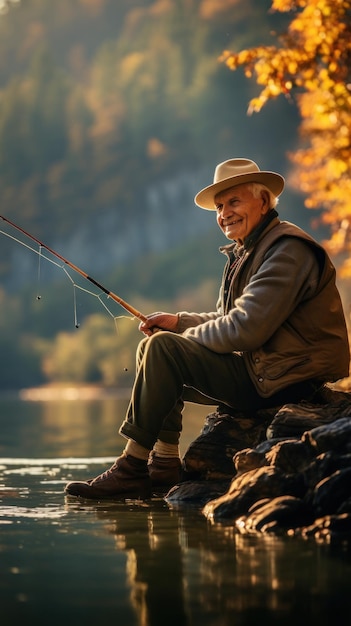 Foto vecchio uomo che pesca sereno lago canna da pesca cappello contenuto sorriso