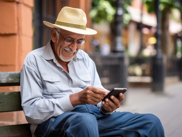 old man from Colombia using a smartphone for online communication