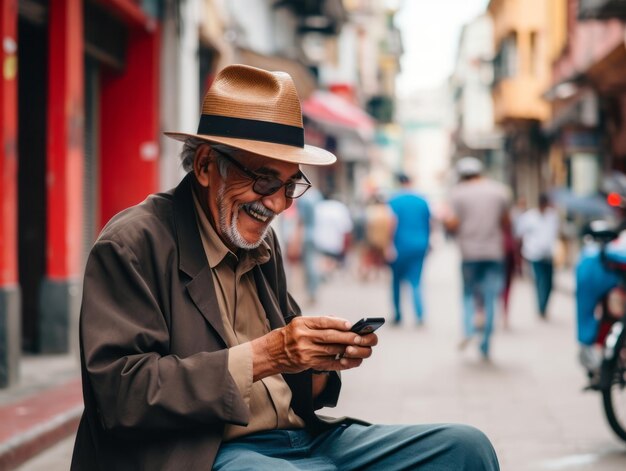 Old man from colombia using a smartphone for online communication