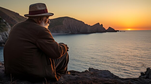 Foto vecchio che guarda il mare da una riva rocciosa all'alba