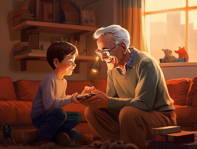 an old man giving his toddler grandson a gift with hands in the style of earthy color palettes