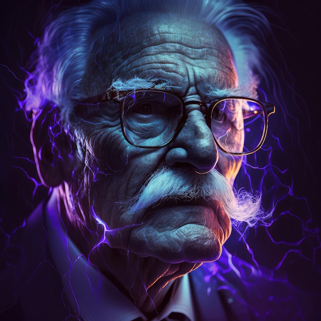 An old man in glasses with gray hair and a mustache in lightning Generative AI