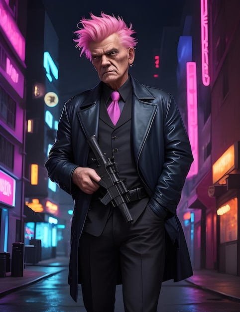 old man glowing hair background in dark city look awesome stylish black jacket generated ai