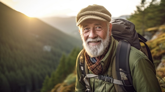 The old man goes camping trekking uniting with nature There is a backpack and a sleeping pad on the back Take a refreshing cough