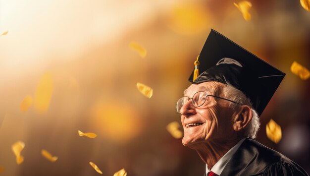 Old man in a graduation cap looking up at the crowd Generative AI