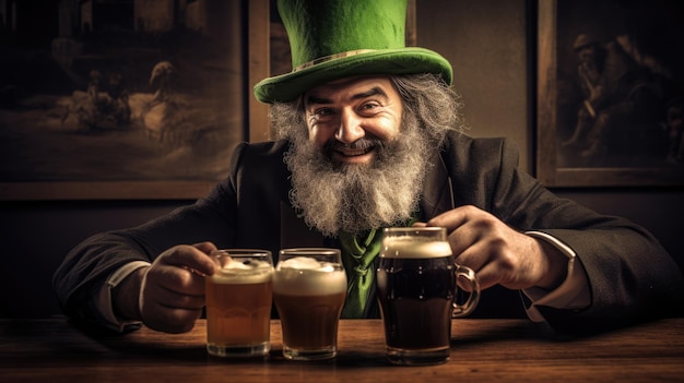 Foto vecchio con cappello verde con bicchieri di birra sulla festa del giorno di san patrizio