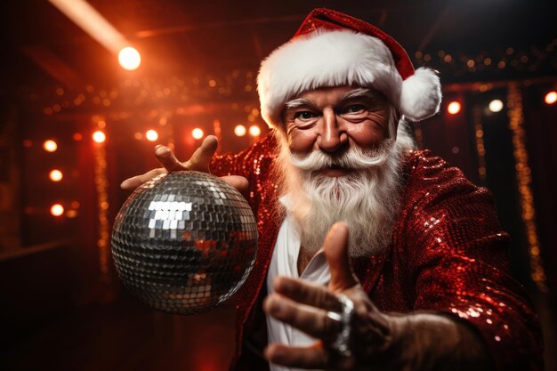 Старик с седой бородой держит винтажный диско-бальный танец в стиле фанк в новогоднем костюме Санты. Сгенерировано AI.