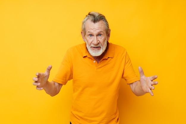 Old man hand gesture gray beard fun isolated background