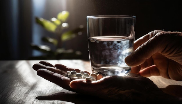 old man hand on the right holding medication pills and a glass of water