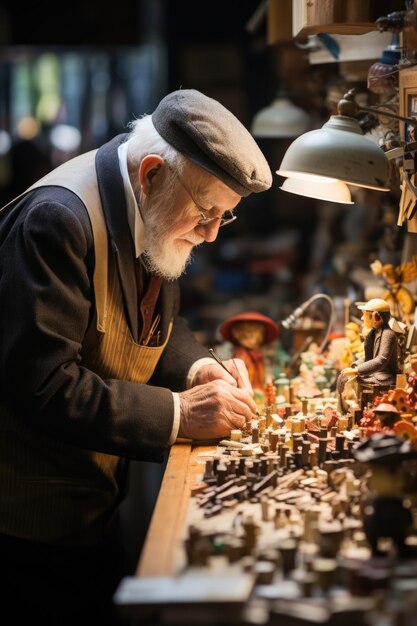 An old man in a hat and glasses is working on a toy ai