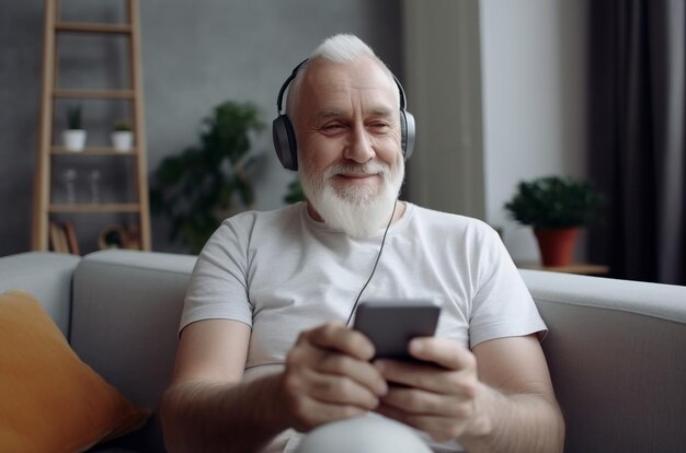 Старик слушает музыку с наушниками, слушает студийную песню, выходит на пенсию, старый аудио взрослый, генерирует Ай