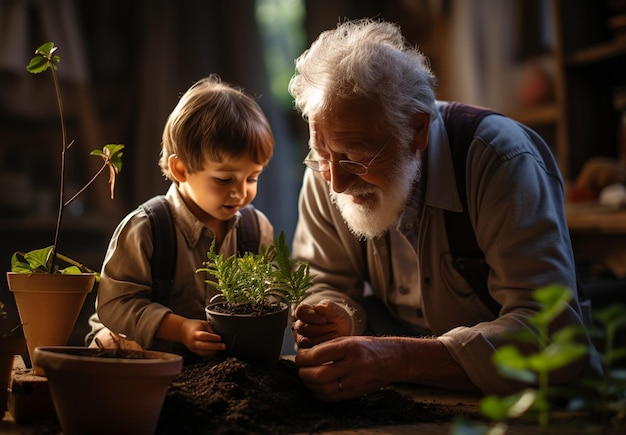 Foto il vecchio e suo nipote piantano una pianta in casa