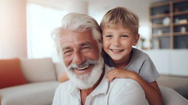 Foto il vecchio e il suo nipote si divertono insieme dentro la casa.