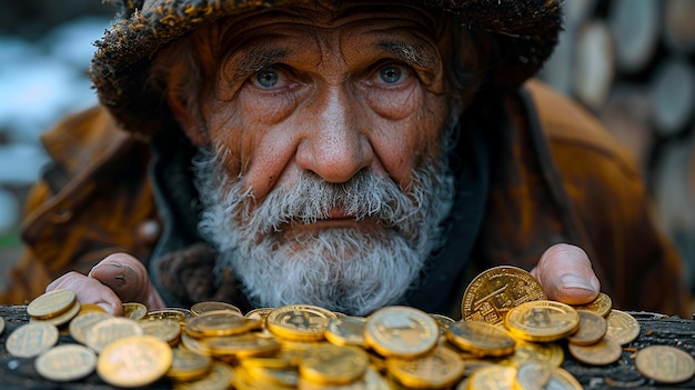 old man holding coins in his hands