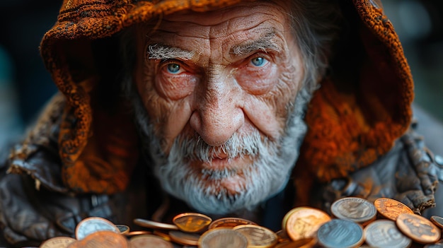 old man holding coins in his hands