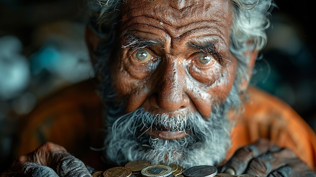 old man holding coins in his hands