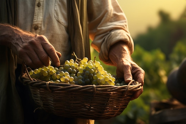 Old man holding grapes basket harvest season wine making