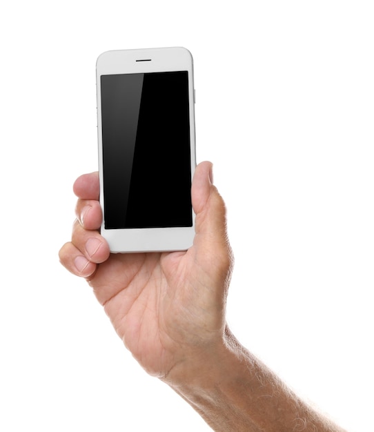 Old man holding smartphone on a white background