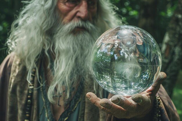 an old man holds a ball with the words  the world  on it