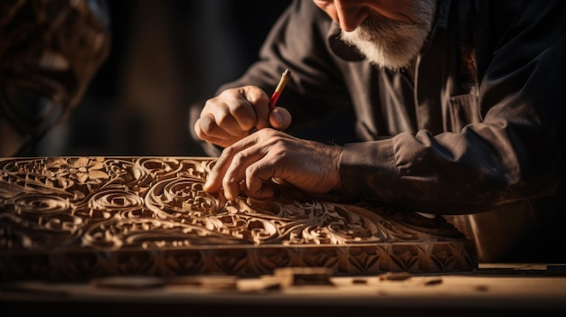 Foto un vecchio sta scolpendo un pezzo di legno.