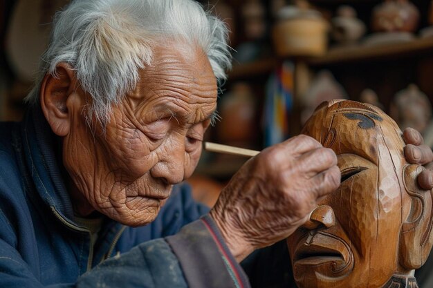 Photo an old man is carving a wooden mask