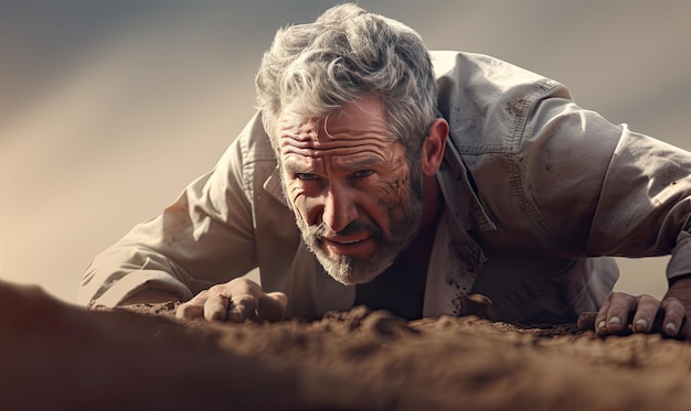 An old man is crawling in the dirt