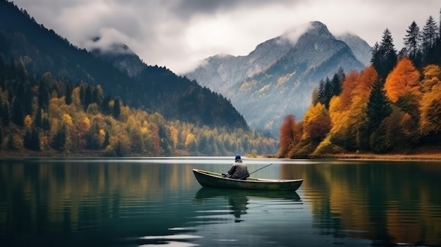 An old man is fishing while sitting in a boat in the middle of a lake