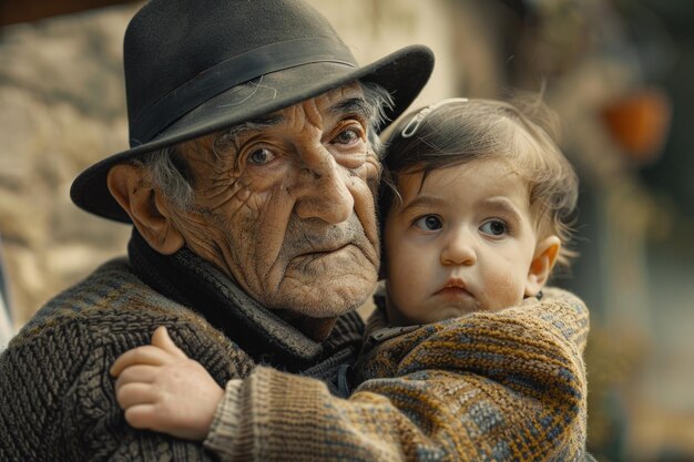 Photo an old man is holding a baby in his arms